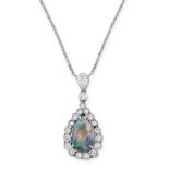 A BLACK OPAL AND DIAMOND PENDANT NECKLACE in 18ct white gold, set with a pear cabochon black opal of