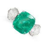 A COLOMBIAN EMERALD AND DIAMOND DRESS RING in platinum, set with a cushion cut emerald of 4.57