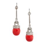 A PAIR OF CORAL AND DIAMOND DROP EARRINGS, CIRCA 1940 the articulated bodies set with polished coral