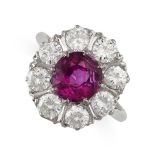 AN UNHEATED RUBY AND DIAMOND CLUSTER DRESS RING set with a cushion cut ruby of 1.89 carats, within a