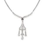 AN ART DECO DIAMOND AND ENAMEL PENDANT NECKLACE in platinum, the openwork body of tapering design,