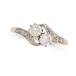 AN ART DECO DIAMOND TOI ET MOI RING in 18ct yellow gold and platinum, set with two old cut