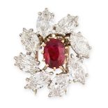 CARTIER, A FINE BURMESE RUBY AND DIAMOND CLIP BROOCH in platinum and 18ct gold, set with a cushion