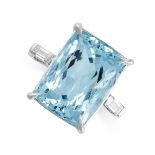 AN AQUAMARINE AND DIAMOND RING in 18ct white gold, set with a cushion cut aquamarine of 10.65