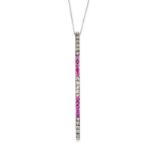 A RUBY AND DIAMOND PENDANT NECKLACE designed as a bar, set with alternating cushion cut rubies and