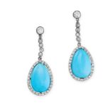 A PAIR OF TURQUOISE AND DIAMOND DROP EARRINGS each set with a cabochon turquoise within a cluster of