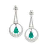 A PAIR OF COLOMBIAN EMERALD AND DIAMOND EARRINGS of pendent design, the tapering openwork bodies