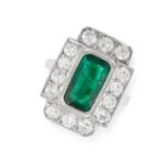 AN EMERALD AND DIAMOND DRESS RING set with a cushion cut emerald of 2.08 carats, within a border