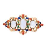 A MOONSTONE AND ENAMEL BROOCH set with three central cabochon moonstones within a scrolling border