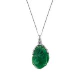 A FINE GREEN FLUORITE AND DIAMOND PENDANT NECKLACE set with a large carved green fluorite drop
