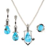 AN ART DECO-STYLE TURQUOISE, ONYX, CULTURED PEARL AND DIAMOND PARURE set with brilliant cut