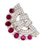 A FINE VINTAGE RUBY AND DIAMOND DOUBLE CLIP BROOCH comprising two clip brooches of scrolling
