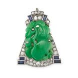 A FRENCH JADEITE JADE, SAPPHIRE AND DIAMOND CLIP BROOCH in 18ct white gold, designed as a shield,