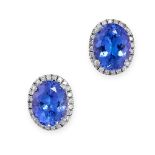 A PAIR OF TANZANITE AND DIAMOND STUD EARRINGS in 18ct white gold, each set with an oval cut