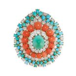 A VINTAGE FRENCH DIAMOND, TURQUOISE AND CORAL CLIP BROOCH the pear-shaped domed body set with a