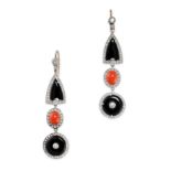 A PAIR OF CORAL, ONYX AND DIAMOND DROP EARRINGS the articulated bodies formed of circular, oval