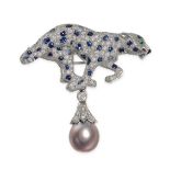 CARTIER, A DIAMOND, SAPPHIRE, EMERALD, ONYX AND PEARL PANTHERE BROOCH / PENDANT in platinum,