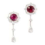 A PAIR OF BURMA NO HEAT RUBY AND DIAMOND EARRINGS each set with a cushion cut ruby of 1.08 and 1.