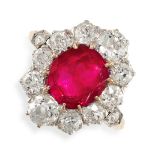 A BURMA NO HEAT RUBY AND DIAMOND CLUSTER RING in 18ct yellow gold and platinum, set with a cushion