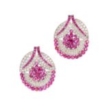 A PAIR OF FINE BURMESE RUBY AND DIAMOND CLIP BROOCHES designed as flowers, the flower head set