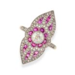 A FRENCH DIAMOND AND RUBY RING in 18ct yellow gold and white gold, the navette shaped face set