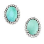 A PAIR OF TURQUOISE AND DIAMOND EARRINGS in 18ct white gold, each set with an oval cabochon