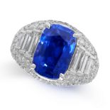 AN IMPORTANT 7.20 CARAT KASHMIR SAPPHIRE AND DIAMOND RING in platinum, set with a cushion cut