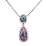 A BLACK OPAL, RUBY, DIAMOND AND PEARL PENDANT NECKLACE in platinum, set with a pear shaped