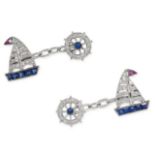 A PAIR OF SAPPHIRE, DIAMOND AND RUBY SAILING CUFFLINKS in 18ct white gold, each with one link