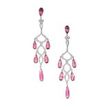 A PAIR OF PINK TOURMALINE AND DIAMOND CHANDELIER EARRINGS in 18ct white gold, the scrolling bodies
