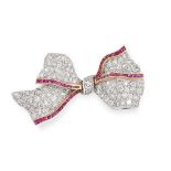 A VINTAGE RUBY AND DIAMOND BOW BROOCH designed as a ribbon tied in a bow, set with round cut