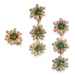 AN EMERALD AND DIAMOND RING AND CLIP EARRINGS SUITE in 18ct yellow gold, the pair of earrings of