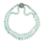 AN AQUAMARINE, EMERALD, PEARL AND ZIRCON NECKLACE comprising two rows of faceted aquamarine beads