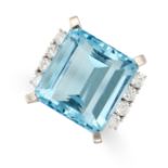 AN AQUAMARINE AND DIAMOND DRESS RING set with a step cut aquamarine of approximately 20.75 carats,