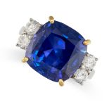 A FINE CEYLON NO HEAT COLOUR CHANGE SAPPHIRE AND DIAMOND RING in platinum, set with a cushion cut