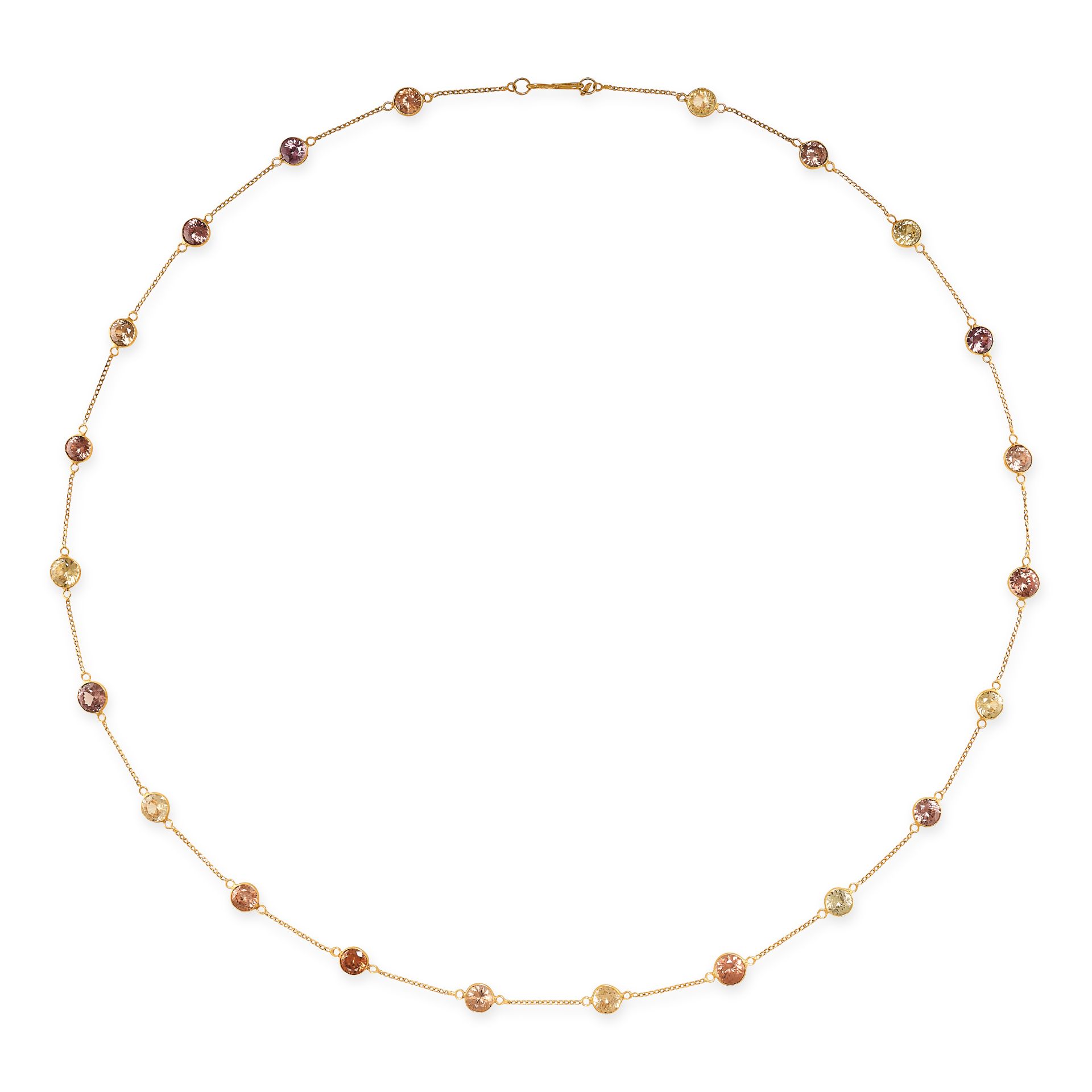 A COLOURED ZIRCON CHAIN NECKLACE in 14ct yellow gold, comprising a single row of twenty-two round