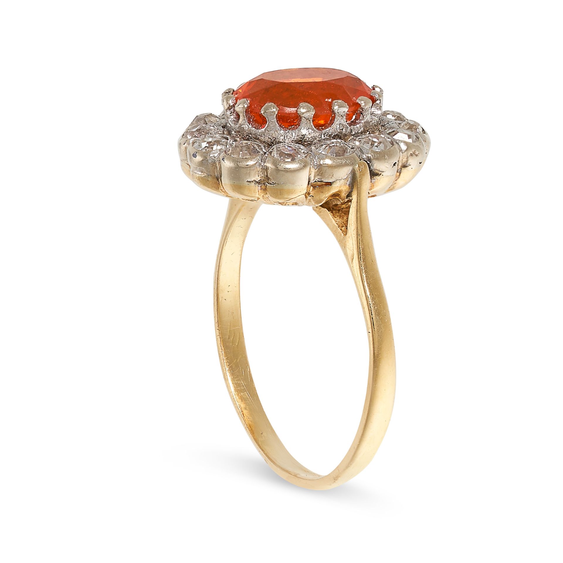 A FIRE OPAL AND DIAMOND CLUSTER RING in 18ct yellow gold, set with an oval cut fire opal in a - Bild 2 aus 2