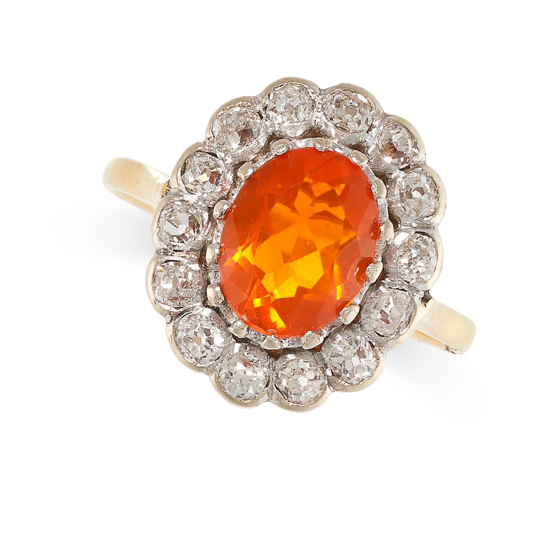 A FIRE OPAL AND DIAMOND CLUSTER RING in 18ct yellow gold, set with an oval cut fire opal in a