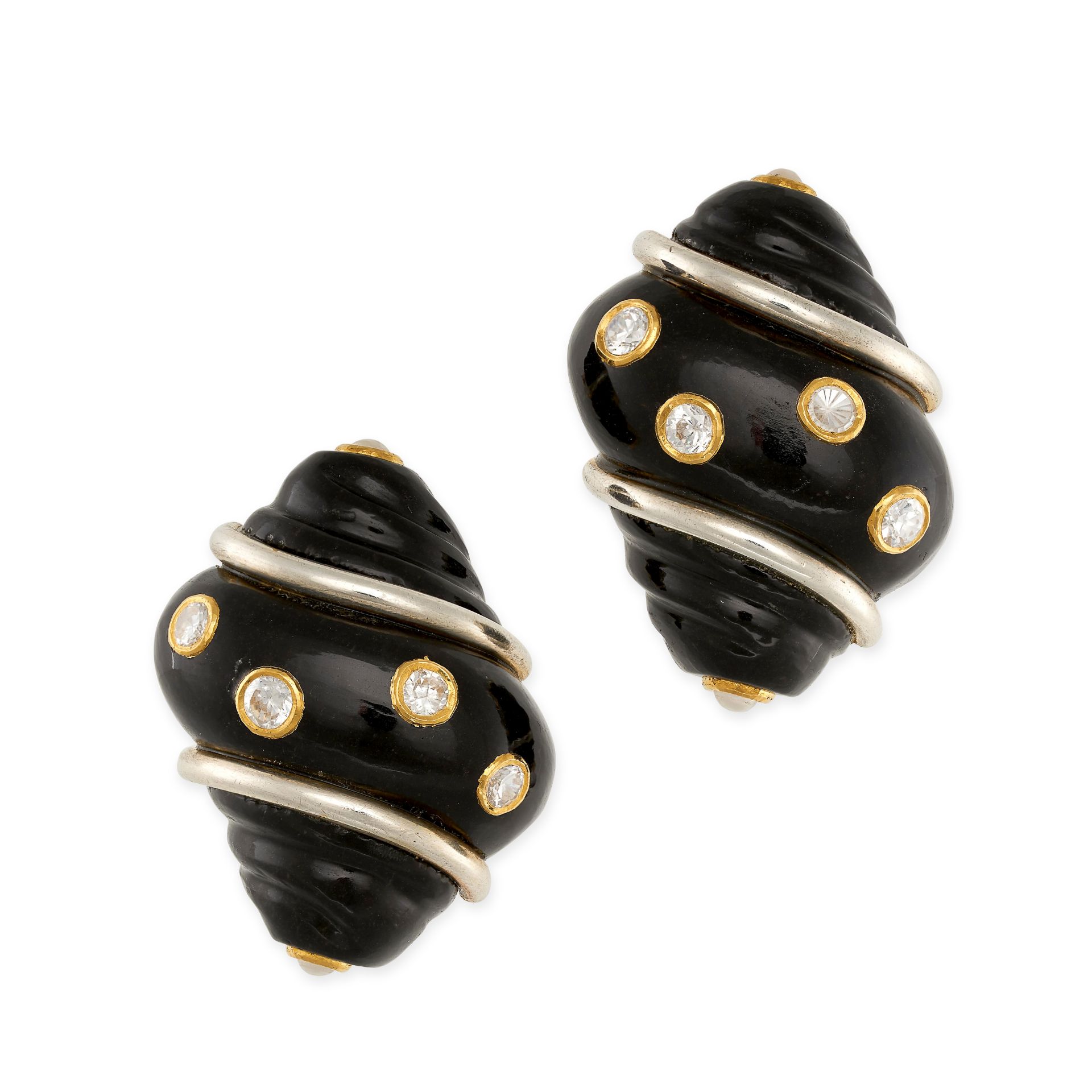 A PAIR OF VINTAGE ONYX, DIAMOND AND PEARL TURBO SHELL CLIP EARRINGS in 18ct yellow gold, each