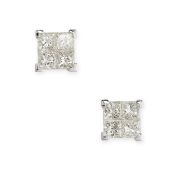 A PAIR OF DIAMOND STUD EARRINGS each illusion set with four princess cut diamonds, the diamonds