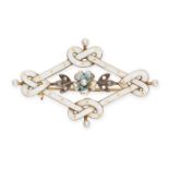 AN ANTIQUE DIAMOND, PEARL AND ENAMEL BROOCH in high carat yellow gold, the white enamel body with