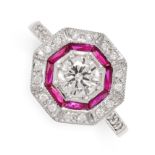 A DIAMOND AND RUBY TARGET RING in 18ct white gold, set with a round brilliant cut diamond of 0.56