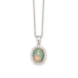 AN OPAL AND DIAMOND PENDANT AND CHAIN set with a cabochon opal of 1.10 carats in a cluster of