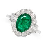 AN EMERALD AND DIAMOND CLUSTER RING in 18ct white gold, set with an oval emerald of 1.88 carats in a