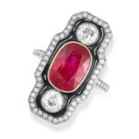 A BURMA NO HEAT RUBY, DIAMOND AND ENAMEL RING the rectangular face set with a cushion cut ruby of