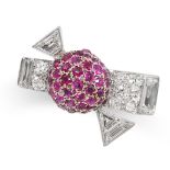 A RUBY AND DIAMOND BOW RING pave set with round cut rubies and round and baguette cut diamonds, no