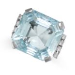 AN AQUAMARINE AND DIAMOND RING in platinum, set with an octagonal cut aquamarine of 35.00 carats,