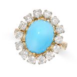 A TURQUOISE AND DIAMOND CLUSTER RING set with a domed cabochon turquoise in a border of round