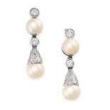 A PAIR OF DIAMOND AND PEARL DROP EARRINGS each set with a pearl of 8.3mm between two round brilliant