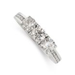 A DIAMOND THREE STONE RING in 18ct white gold, set with three round brilliant cut diamonds on a band